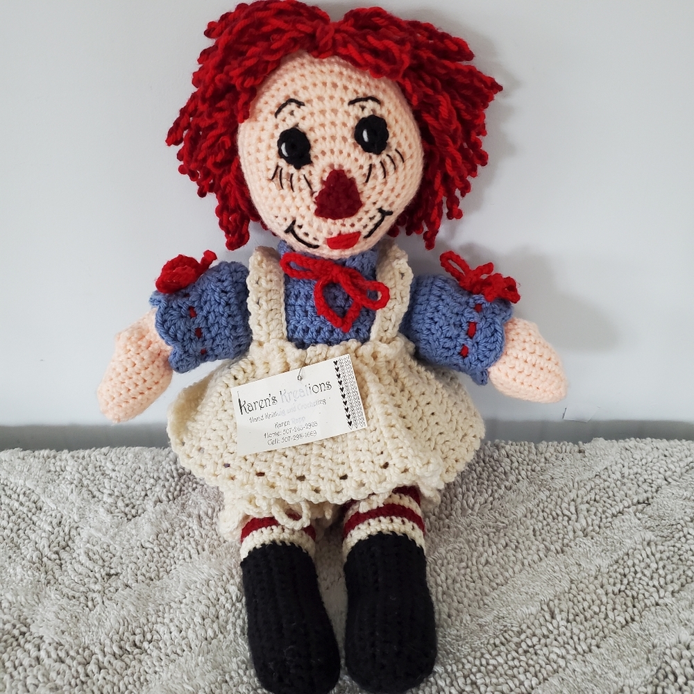 NWT Hand Knit 20" Raggedy Ann Doll Handmade GrannyCore Americana Retro Classic